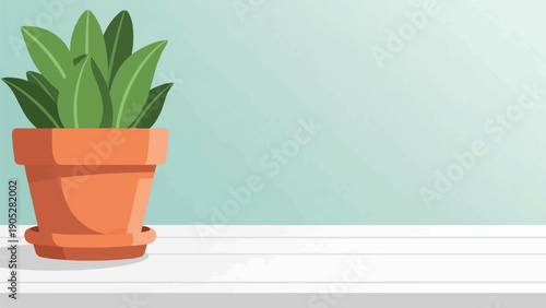 Potted green plant on white shelf against light blue wall