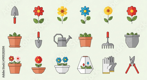 Gardening tools and flowers in pots illustration of gardening activities and plants with gardening equipment