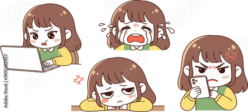 Cute Cartoon Girl Character Set Showing Angry, Crying, Tired, and Working Emotions with Laptop and Smartphone for Stickers and Digital Media