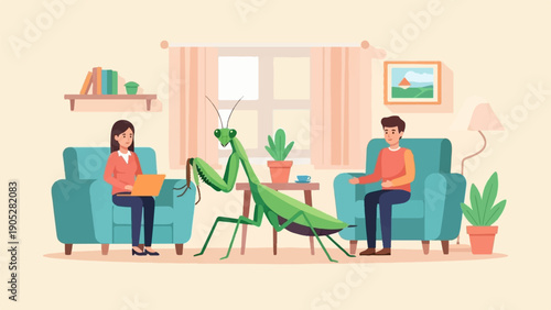 Praying mantis interacts with people in a surreal living room setting
