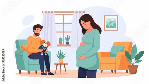 Pregnant woman and man with dog in a cozy living room