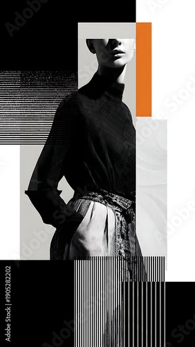 Elegant woman in stylish outfit with modern geometric patterns