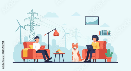 Remote work scene with people, dog, and renewable energy infrastructure