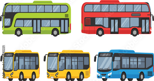 City Bus Vector Set with Modern Urban Public Transport Vehicles in Multiple Colors for Transit, Travel, Infrastructure, and Mobility Design Projects