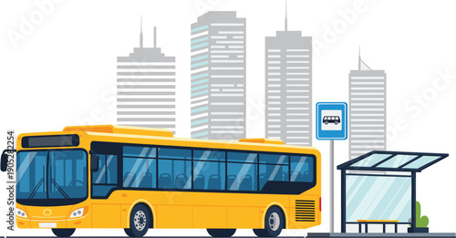 City Public Bus Illustration with Modern Urban Skyline and Bus Stop Shelter Showing Daily Commuting, Public Transportation, and Smart City Mobility Concept