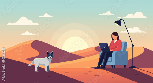 Pixel art desert scene with person on laptop and dog at sunrise