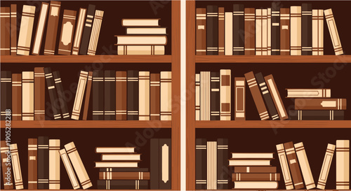 Classic Wooden Bookshelf with Vintage Books Illustration Creating Cozy Library, Study Room, Education, and Literature Background for Interior and Editorial Design
