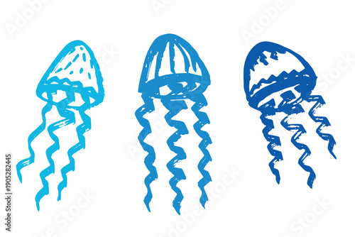Set of hand drawn jellyfish doodle Sea animal illustration Cute marine underwater creature Medusa sketch clipart Single element for web, design, decor, children's print