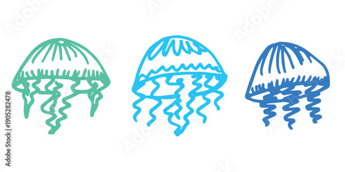 Set of hand drawn jellyfish doodle Sea animal illustration Cute marine underwater creature Medusa sketch clipart Single element for web, design, decor, children's print