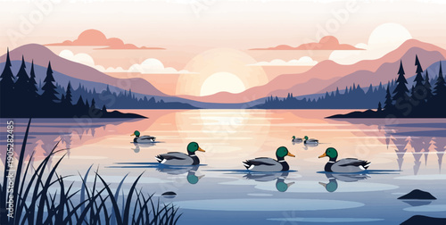 Pixel art ducks swimming on a tranquil lake at sunset with mountains