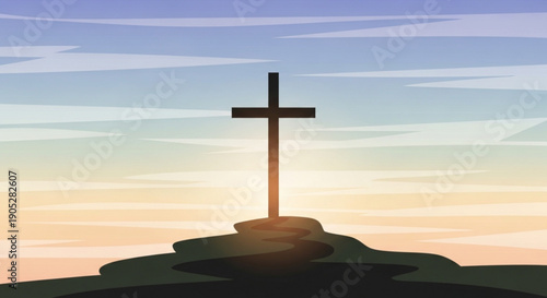 Cross on hilltop at serene sunrise or sunset with vibrant sky and soft silhouetted landscape