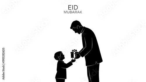 This touching black silhouette illustration depicts a father giving Eidi to his child, a cherished tradition during Eid Mubarak. The design highlights generosity, happiness, and the joyful bond betwee