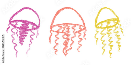 Set of hand drawn jellyfish doodle Sea animal illustration Cute marine underwater creature Medusa sketch clipart Single element for web, design, decor, children's print