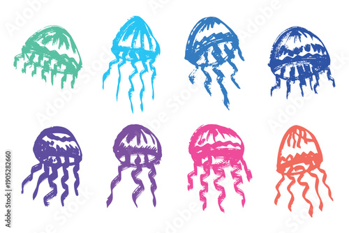 Set of hand drawn jellyfish doodle Sea animal illustration Cute marine underwater creature Medusa sketch clipart Single element for web, design, decor, children's print