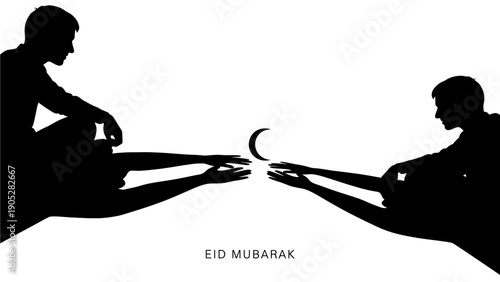 This artistic black silhouette illustration depicts the sighting of the Eid moon, a deeply significant moment in Islamic tradition. Two hands are shown pointing toward the crescent moon, symbolizing h