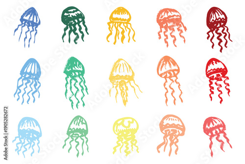 Set of hand drawn jellyfish doodle Sea animal illustration Cute marine underwater creature Medusa sketch clipart Single element for web, design, decor, children's print