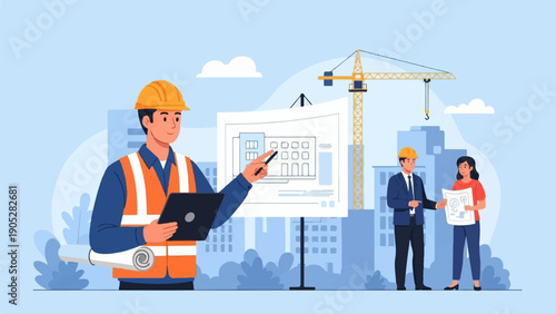 Professionals discussing building plans on a construction site