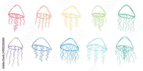 Set of hand drawn jellyfish doodle Sea animal illustration Cute marine underwater creature Medusa sketch clipart Single element for web, design, decor, children's print