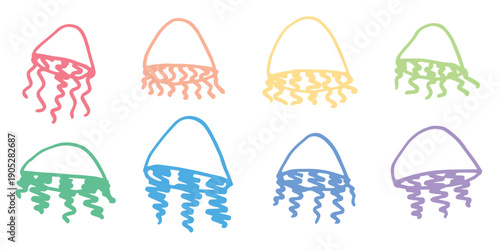 Set of hand drawn jellyfish doodle Sea animal illustration Cute marine underwater creature Medusa sketch clipart Single element for web, design, decor, children's print