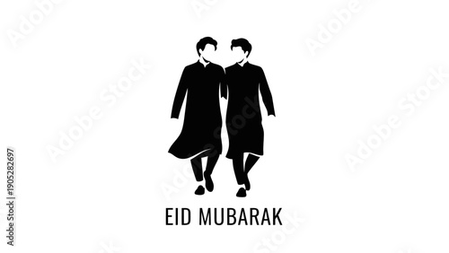 This graceful black silhouette illustration shows two Muslim women walking together, symbolizing sisterhood, friendship, and shared joy during Eid Mubarak. The modest clothing and calm posture reflect