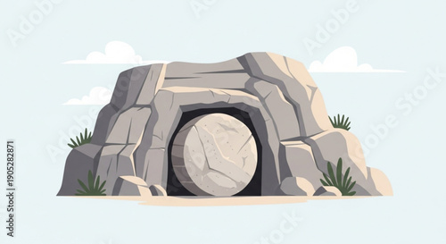 Ancient stone tomb entrance with large round door set in rocky cliffside under light blue sky with sparse vegetation