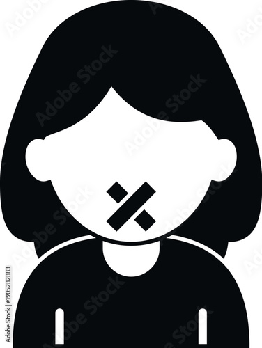 Woman with tape covering her mouth, representing speech censorship and being silenced