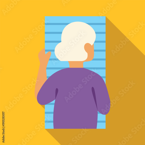 Elderly woman peeking through window blinds, watching society from isolation