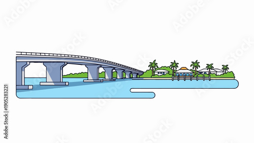 Pixel art of a modern bridge crossing tranquil blue water to a tropical island
