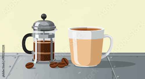 Pixel art of a french press and cup of coffee with beans
