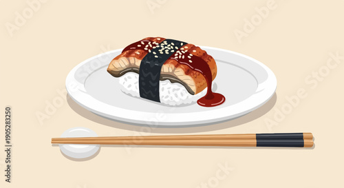 Pixel art of a single eel sushi roll on a white plate with chopsticks