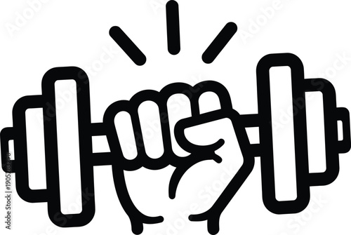 A black and white hand drawn illustration of a fist gripping a heavy dumbbell for strength training.