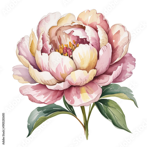 A watercolor painting of a beautiful pink peony flower with green leaves and a stem