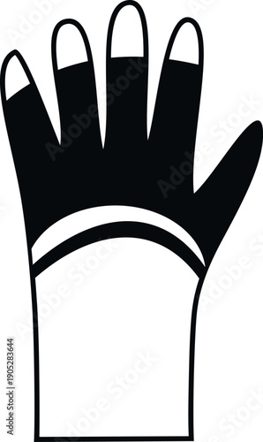 Simple black and white icon depicting a safety glove for hand protection