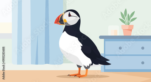 Puffin with colorful beak stands in a room with a plant on a dresser