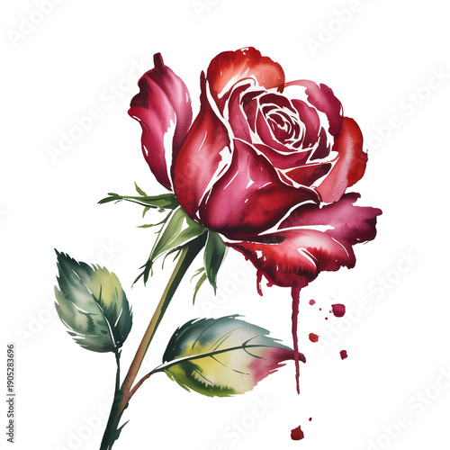 Beautiful red rose with water drops watercolor illustration on transparent background