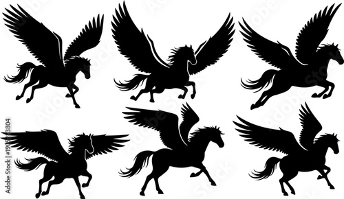 Collection of Pegasus silhouettes in various flying poses and angles, showcasing dynamic movement and wing positions in a vector illustration