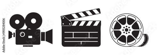Minimalist cinema production icons featuring old fashioned camera and film roll in flat black vector design
