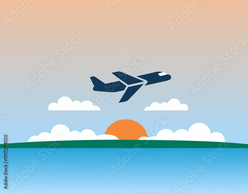 A commercial jet airplane soaring through the sky above a calm ocean with a setting sun and fluffy clouds, representing travel and freedom