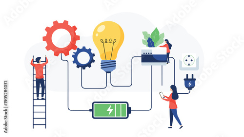 Team of people connecting various elements like gears, a lightbulb, and a battery to create a new energy solution or idea.