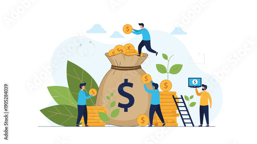 People collecting coins and putting them into a large money bag, illustrating the concept of investment, savings, and wealth growth.