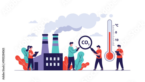 Scientists studying CO2 emissions from a factory and measuring temperature, illustrating the concept of global warming and climate change.