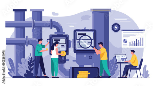 Team of engineers and analysts working on a complex industrial machine, monitoring data and finances for process optimization.