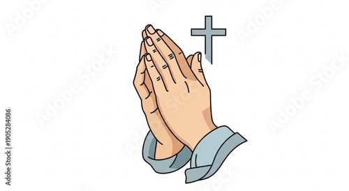 Praying hands with clasped fingers and cross symbol for faith spirituality and religion