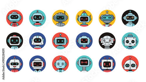 Set of colorful robot head avatars and icons with different facial expressions, representing AI, chatbots, and future technology.