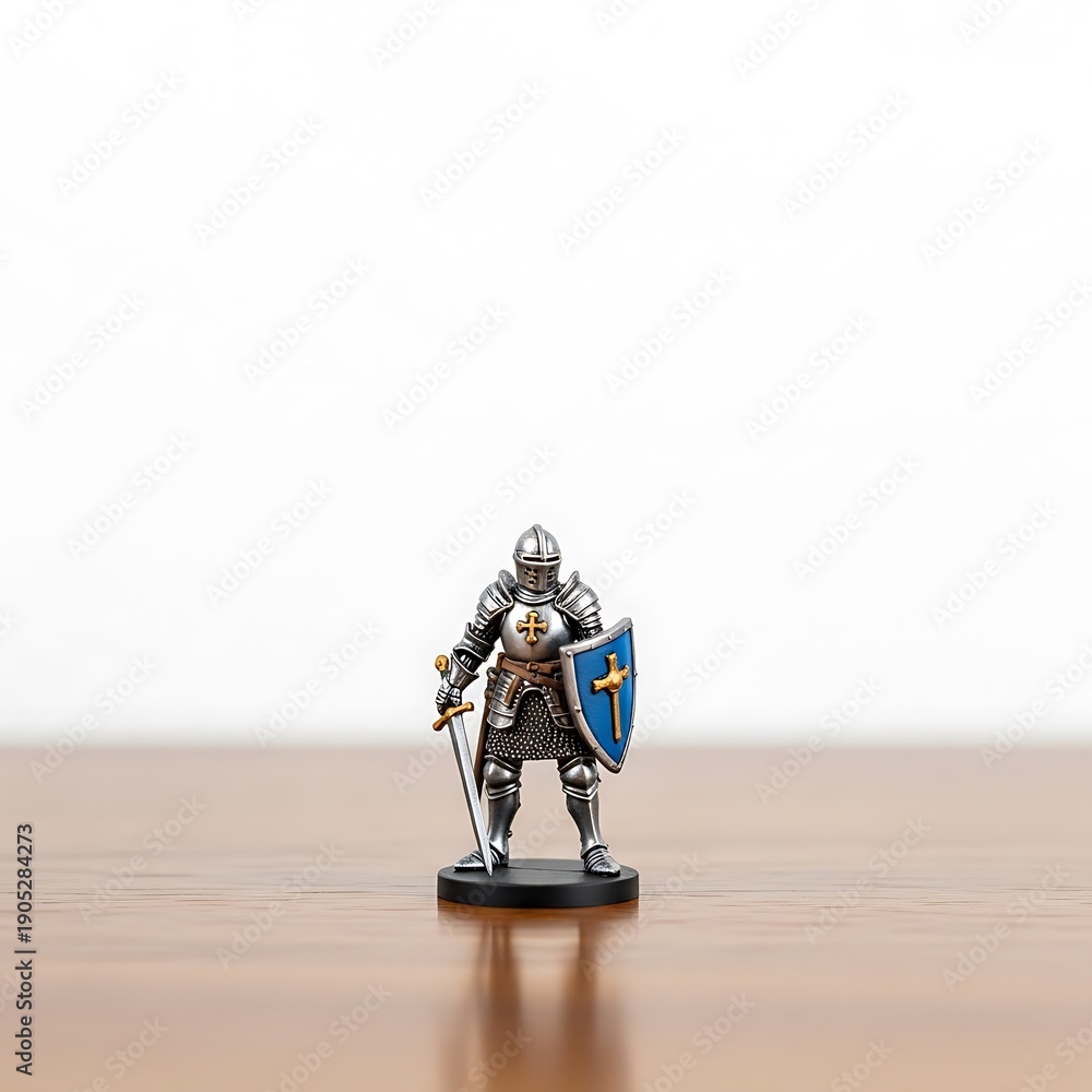 Obraz premium Close-up of a meticulously crafted small miniature model of a medieval knight in full plate armor, holding a sword and a cross-emblazoned shield, ready for an epic tabletop adventure