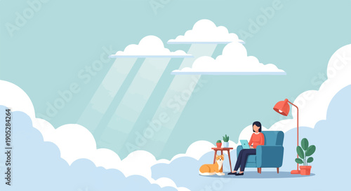 Person working on laptop with dog and plants in cozy room, bright sky