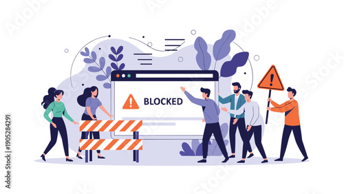 Team of people setting up a barrier in front of a blocked website on a computer screen, representing access denied or censorship.