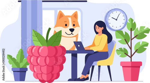 Person working on laptop with dog, large raspberry, and plants nearby