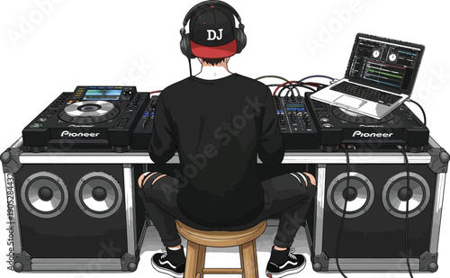 DJ expertly operates professional DJ controllers and laptop during a high-energy music performance session