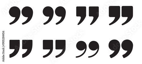 Set of black quote mark symbols and icons, quotation marks in different styles and shapes